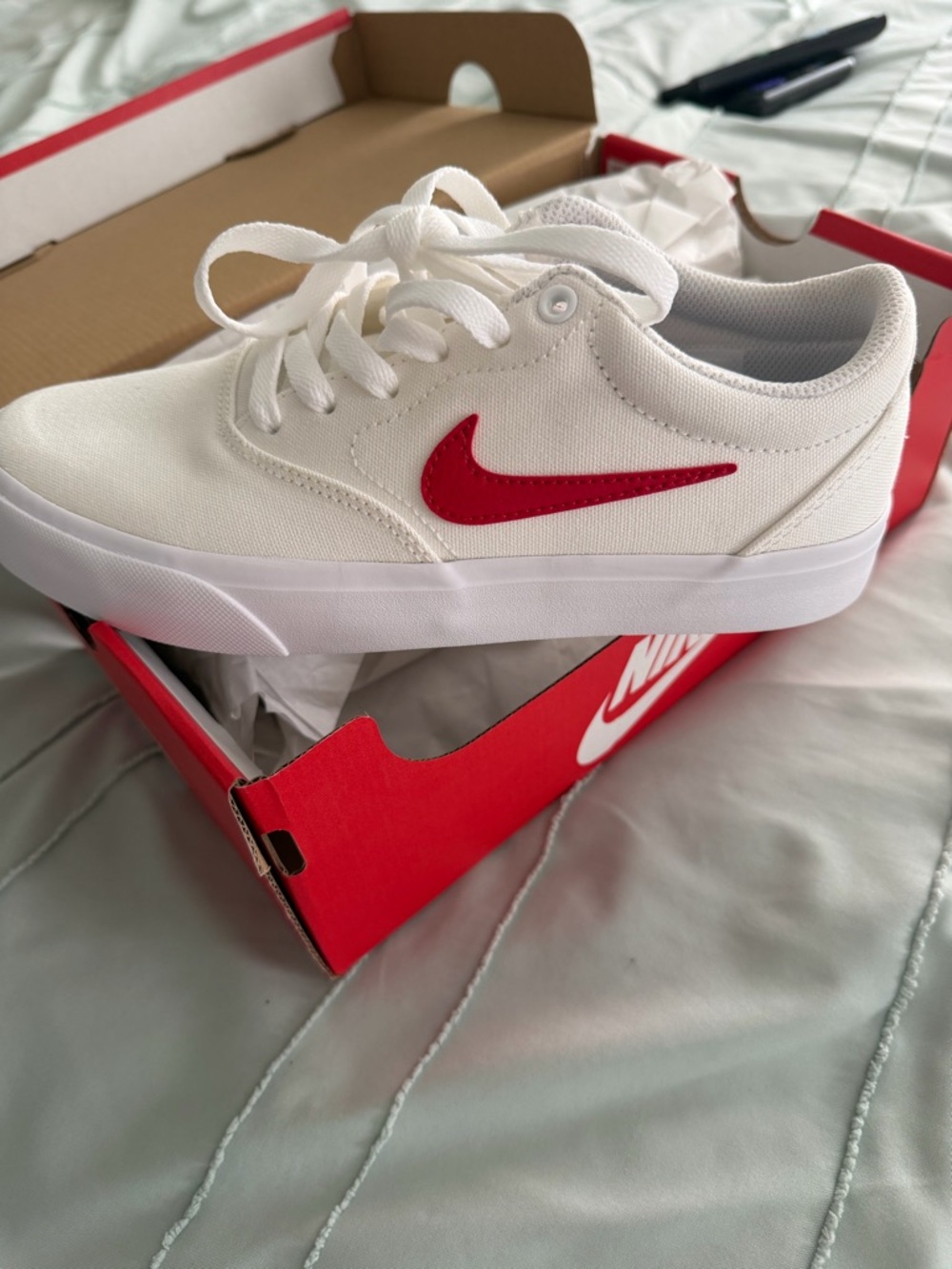 Nike Red and White Shoe Box with Bold Swoosh